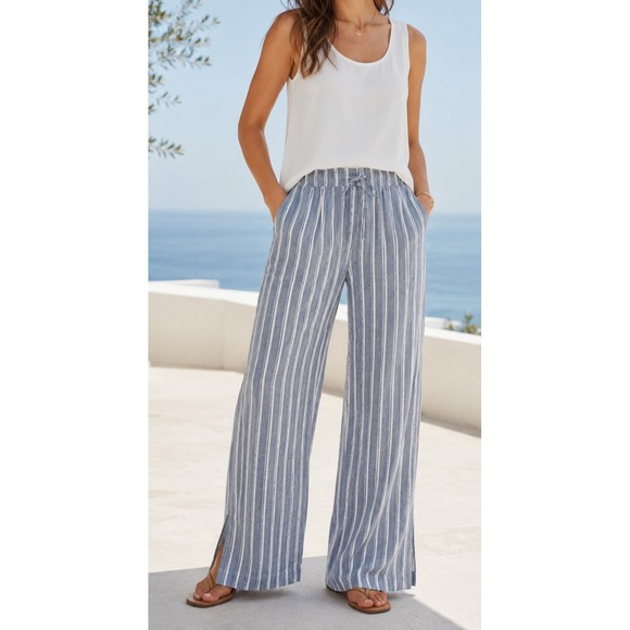 cloth & stone Pants - Cloth & Stone Linen Blend Wide Leg Slit Pants Size Medium Striped Blue Resort